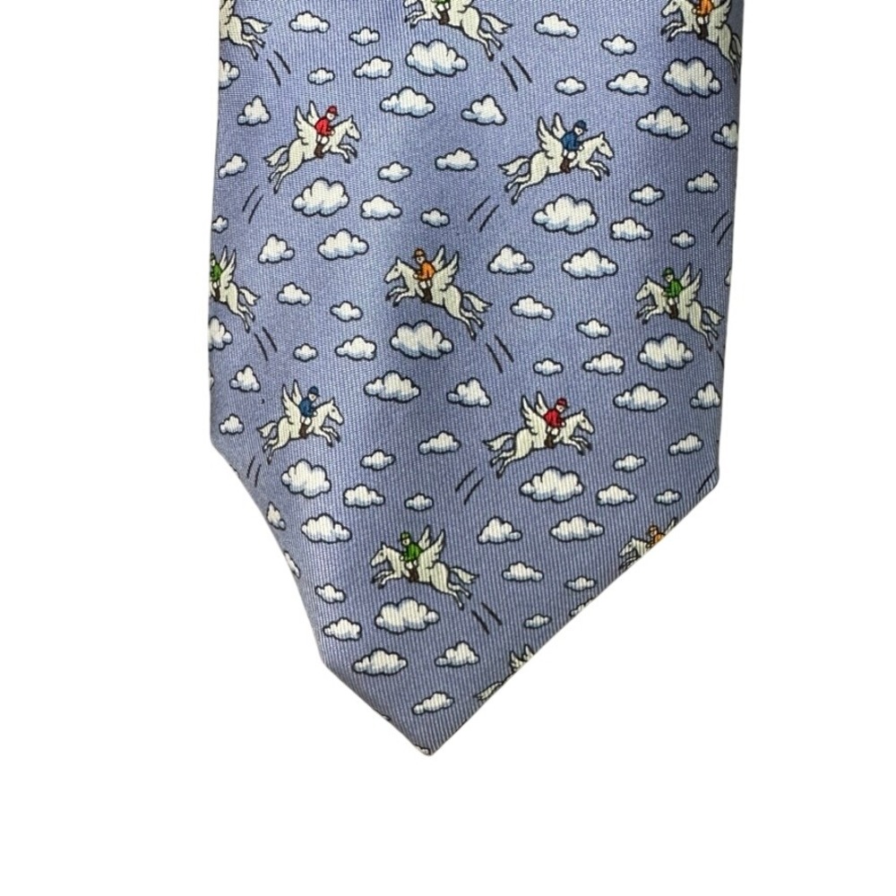 Hermes Silk Tie Blue Pegasus Winged Horse Clouds Made in France 5007 EA